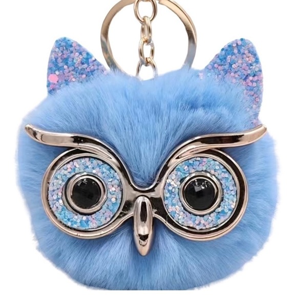 Fluffy Owl Pom Keychain Charm Light Blue Gold - Picture 1 of 2